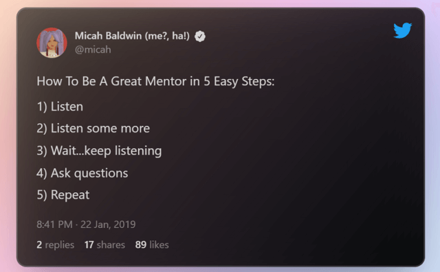 Tweet by Micah Baldwin (me_, ha!) startup mentores y advisors